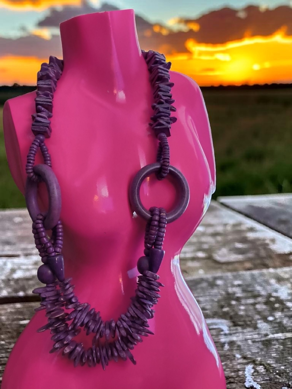 Vtg Wooden Purple Beaded Statement Necklace